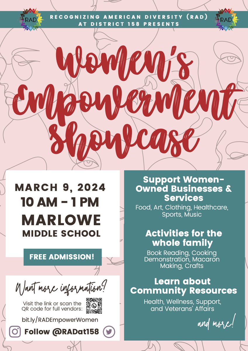 TOMORROW: Celebrate Women's History Month with <a href="/RADatHHS/">RADat158</a> March community event, Women's Empowerment Showcase! 🎀💪  This FREE event will feature women-owned local business booths, games, cooking demonstrations and more! 🤩 We'll hope to see you tomorrow at Marlowe Middle School!