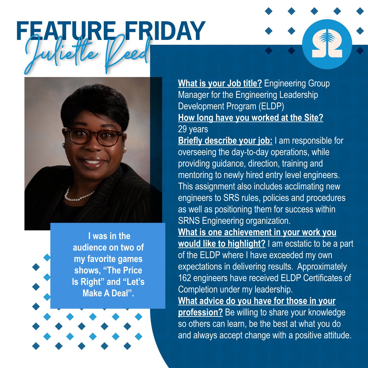 It's #FeatureFriday! Meet the Engineering Group manager for the Engineering Leadership Development Program, Juliette Reed. Thank you for helping us #MakeTheWorldSafer, Juliette!