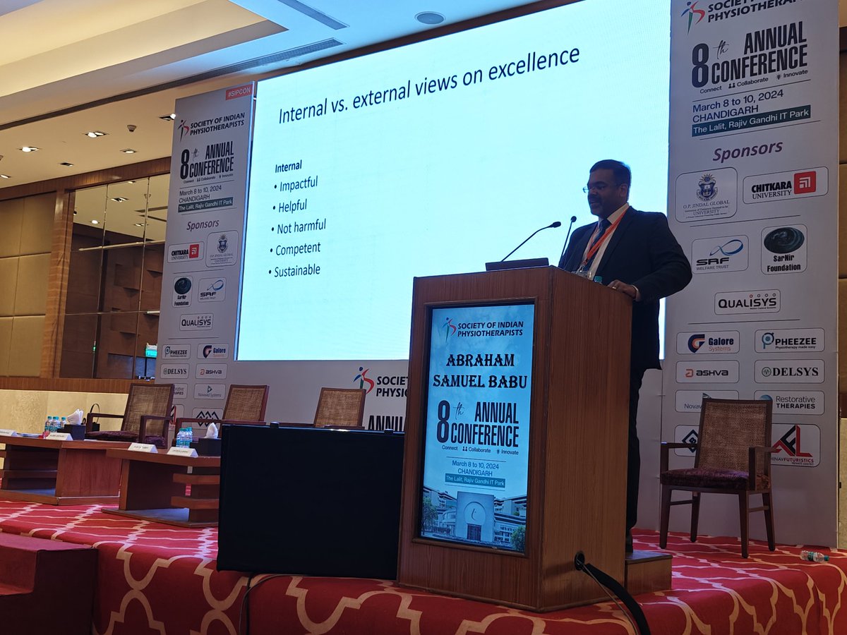 Such an interesting talk by @AbrahamSBabu from @MAHE_Manipal on Excellence in Research and Practice: Finding the Right Catalyst during the 8th #SIPCON as 2nd Dr Lalitha Dalvi Oration Lecture 2024.

#Physiotherapy #Research #IndianPhysios #GlobalPT