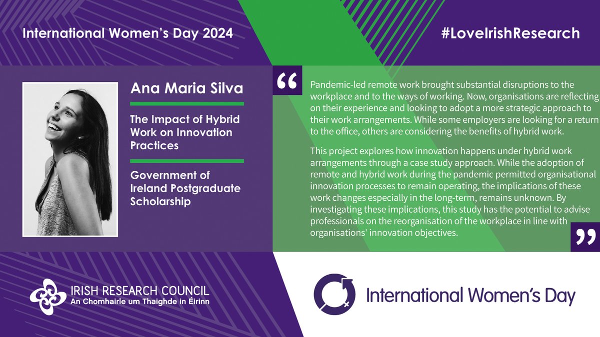 IrishResearch's tweet photo. Happy International Women's Day! #InspireInclusion
Next up, Ana Maria Silva (UCC), whose research focuses on pandemic-led remote working and the changes this brought workplaces and to ways of working.
#InternationalWomensDay
#LoveIrishResearch https://t.co/1w3EIHOueY