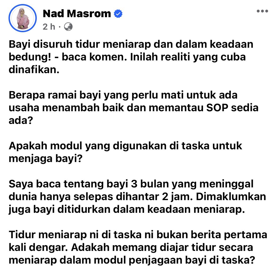 nadmasrom's tweet photo. Bayi kecil ditidurkan meniarap di taska?

Ya bayi memang suka stomach position tapi bukan untuk ditidurkan secara meniarap. Risiko SIDS sangat tinggi.

Saya harap ada usaha pengusaha taska belajar tentang teknik Cuddle Cure kepada carer untuk tenangkan bayi. https://t.co/eLnzq9GwWU