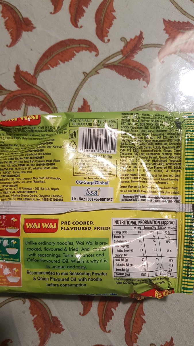 @cgfoods @MoHFW_INDIA @MinOfCultureGoI @narendramodi while monosodium glutamate is banned, they have started mentioning it as flavour enhancers INS621,627,631. Thete is too much salt in their noodles. Who cares for health of Indians? @fssaiindia see wai wai noodles