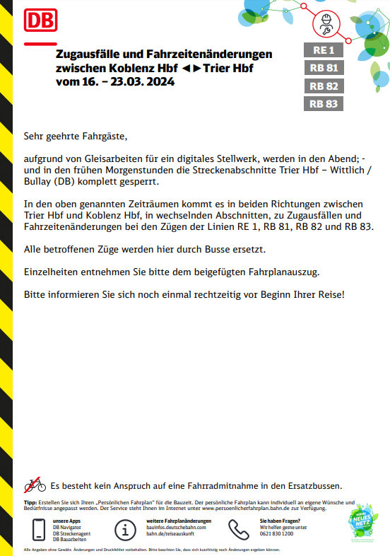 Regio_Mitte's tweet photo. #RE1 #RB81 #RB82 #RB83 #Vorankündigung! #Bauarbeiten ⚠️🚧 
#Zugausfälle zwischen #Trier <> #Koblenz vom 16. - 23.03.2024. #Ersatzverkehr ist eingerichtet 🚍. Bitte informieren Sie sich frühzeitig im Internet und an den Stationen. Mehr Infos unter : https://t.co/3agikc6m9M https://t.co/dkia78rWzh