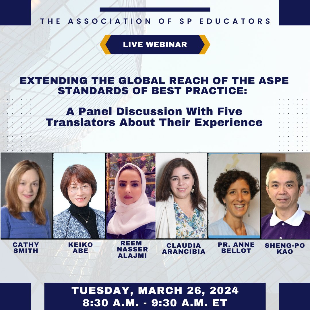 Did you know 'ASPE Standards of Best Practice' has been translated into 7 languages? Join our panel presentation celebrating & exploring the perspectives of 5 translators as they share their experiences, challenges, discoveries, & cultural differences. Link in bio to register!