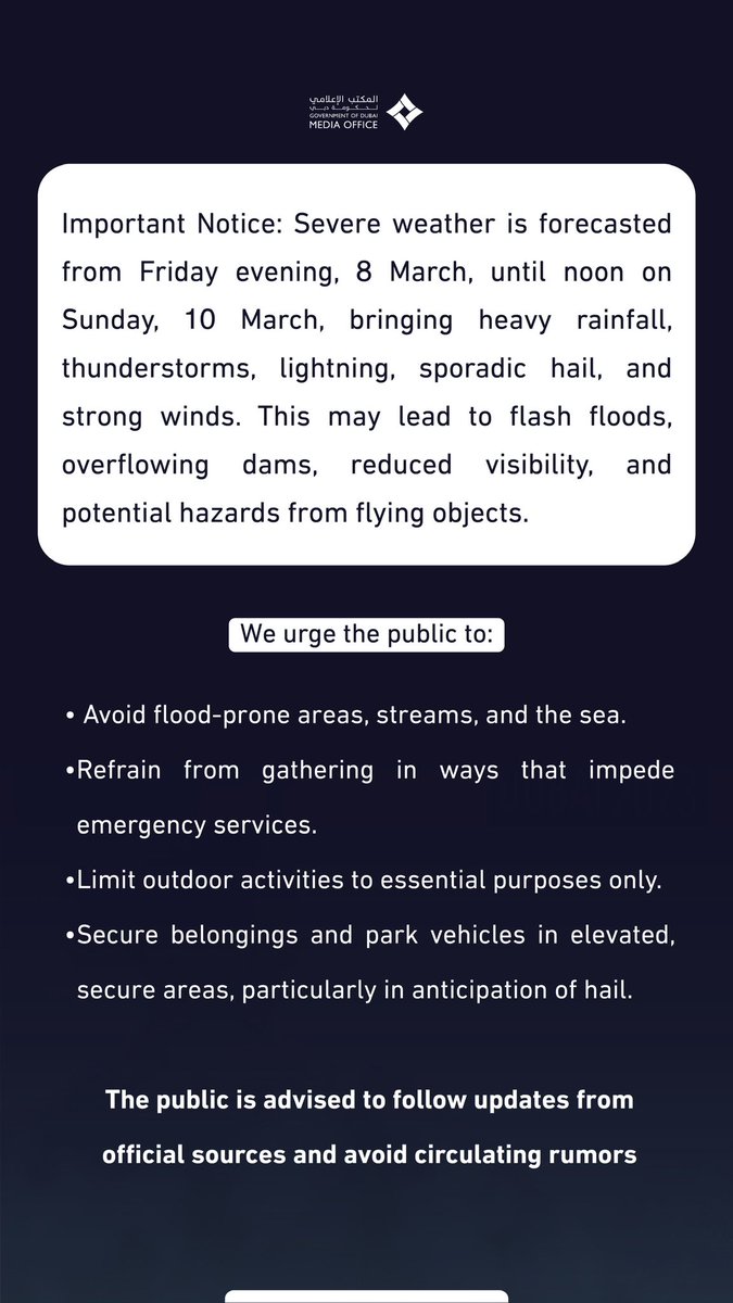 Important Notice: Severe weather is forecasted from Friday evening, 8 March, until noon on Sunday, 10 March, bringing heavy rainfall, thunderstorms, lightning, sporadic hail, and strong winds. This may lead to flash floods, overflowing dams, reduced visibility, and potential