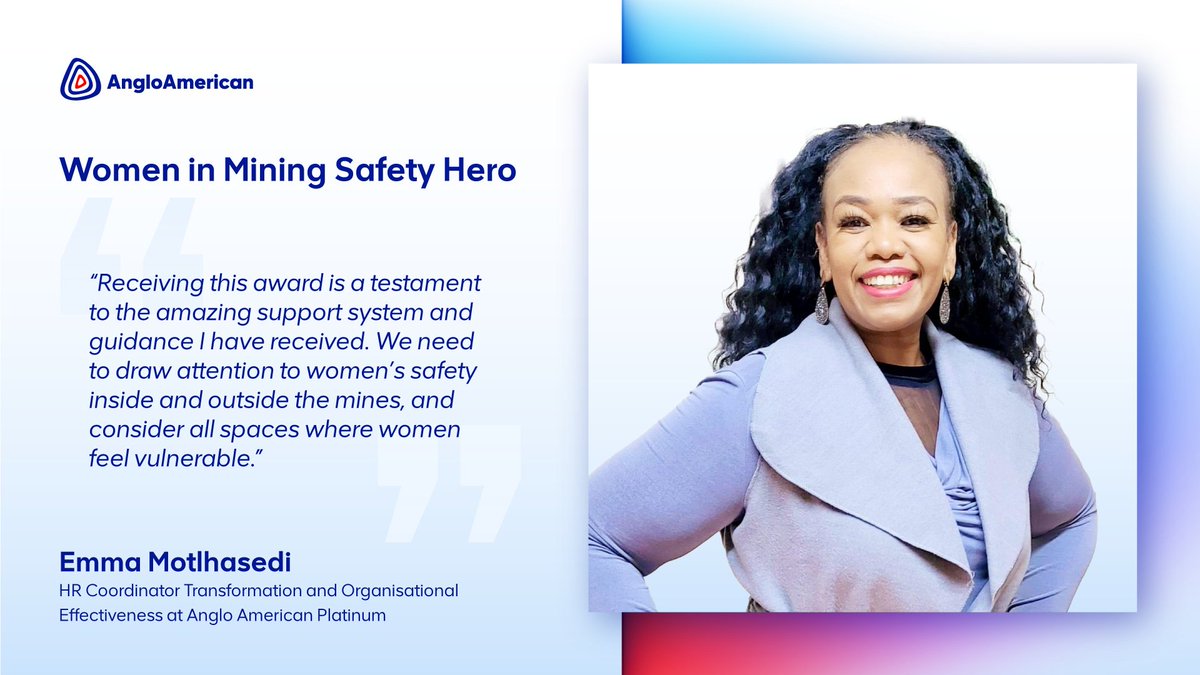 Also recognised as a @Mine_RSA Safety Hero is Emma Motlhasedi, HR Coordinator Transformation and Organisational Effectiveness at Anglo American Platinum. Her role has been critical in driving safety campaigns and awareness at the Amandelbult complex beyond the requirements of…