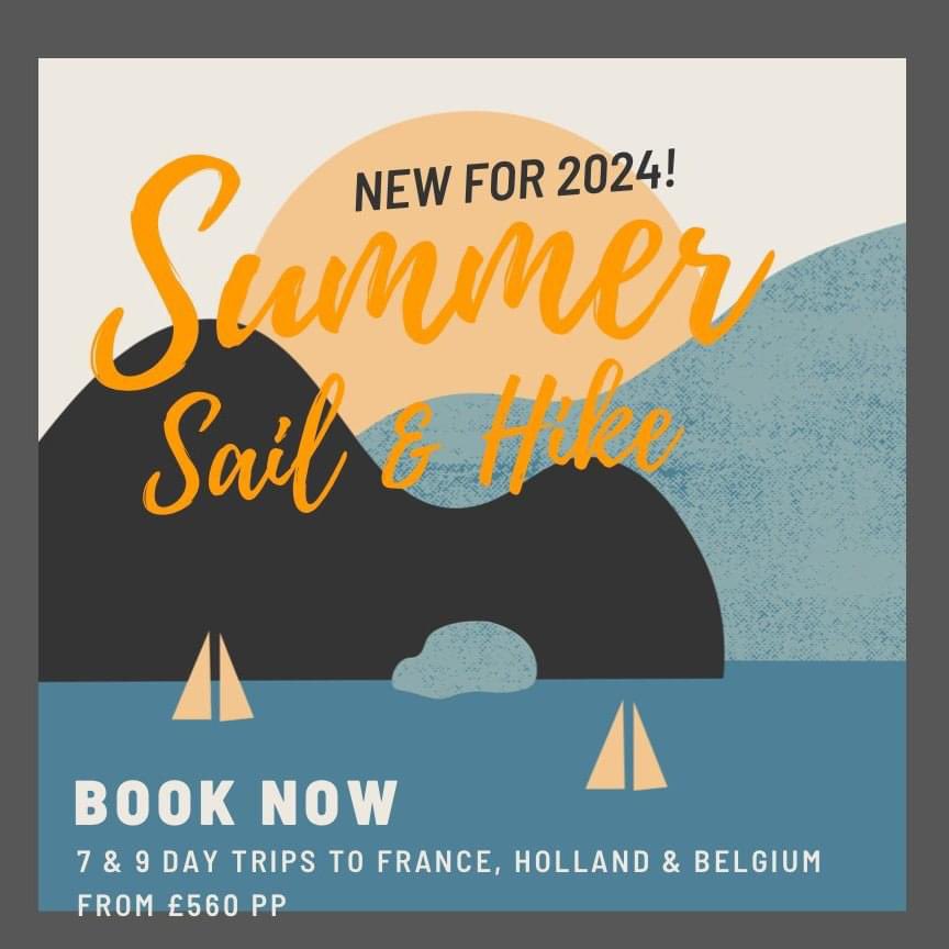 FairleadSailing's tweet photo. NEW FOR 2024! 
Our Sail and Hike cruises have a fun mix of sailing and hiking

Fri 10 May (9 days) Holland and Belgium - £720pp
Fri 19 July (7 days) Ipswich-France-Solent - £560pp
Sat 3 Aug (7 days) Solent UK - France - Ipswich - £560pp

https://t.co/3uvfOpJToN

#SailingHolidays https://t.co/brzegVLyax