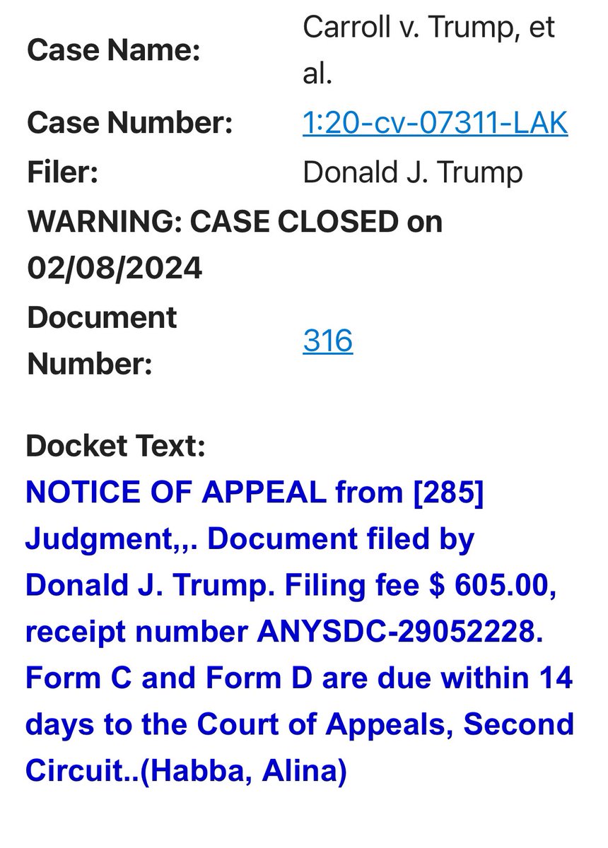 Trump just filed his notice of appeal in Carroll v. Trump, et al. The ruling that really matters is will the Court stay enforcement or allow a lower bond amount. This ruling will impact the larger judgment from the NY AG’s office. If Carroll perfects her lien first she will have