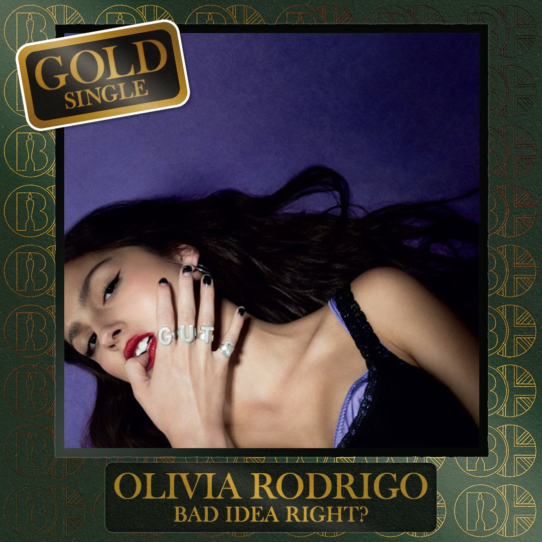 BRITs's tweet photo. 'bad idea right?', the single by @oliviarodrigo, is now #BRITcertified Gold https://t.co/iByWsyijXS