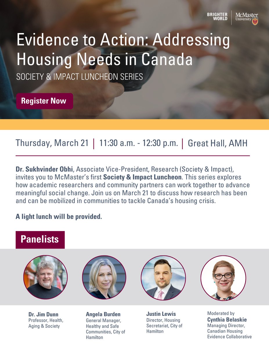 How can researchers and community partners work together to tackle Canada's housing crisis? Join the discussion on March 21 at McMaster's first Society & Impact Luncheon. Register here: forms.office.com/r/AAAwQFEn9R?o…