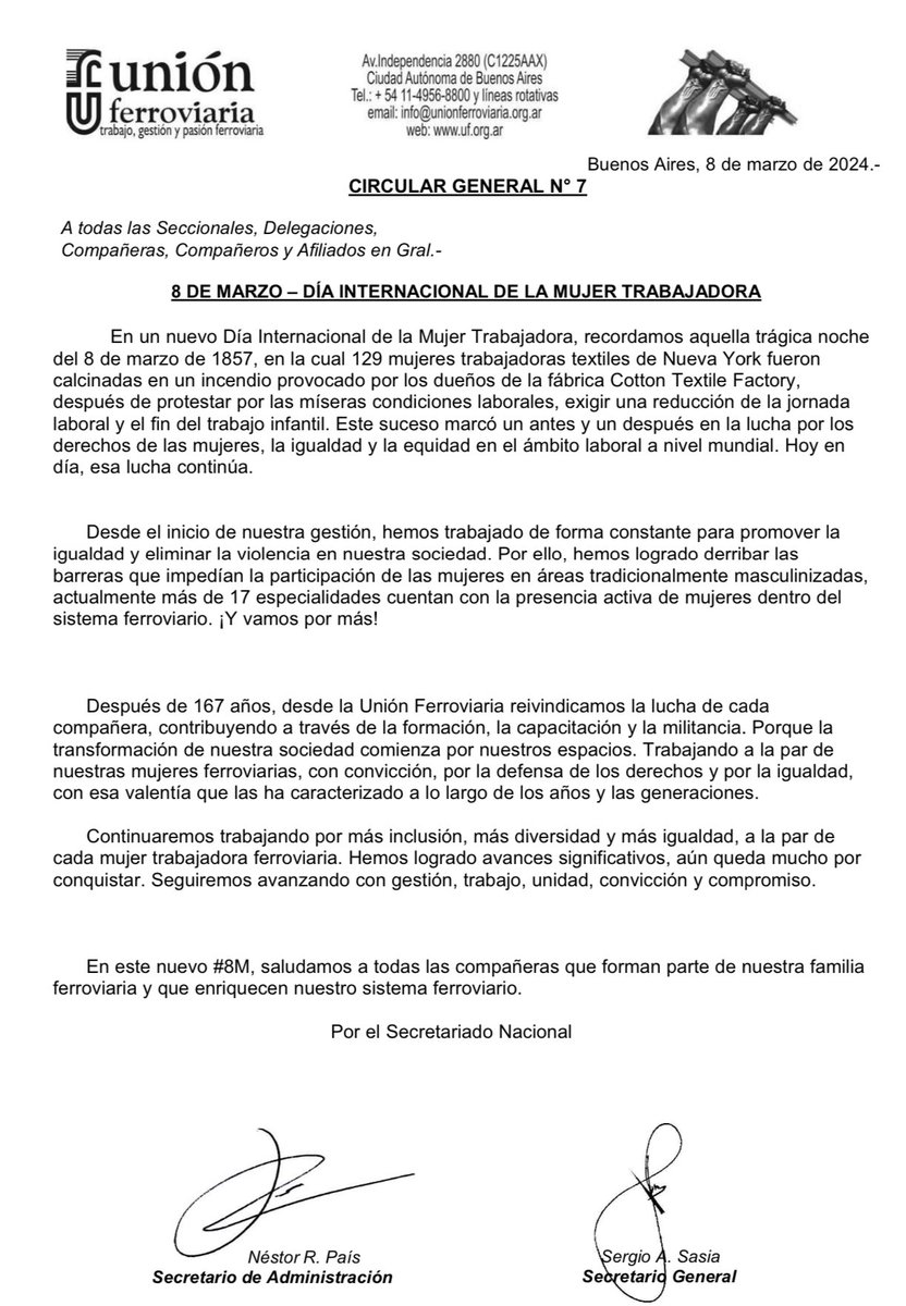 CIRCULAR GENERAL N°7 A todas las seccionales, delegaciones, compañeras, compañeros y afiliados en general 8 DE MARZO- DÍA INTERNACIONAL DE LA MUJER TRABAJADORA