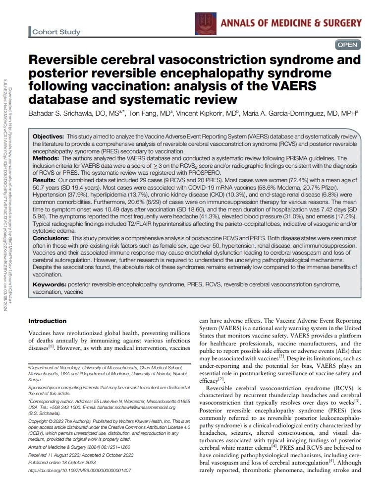 🔍Check out our recently published study in @AnnalsJournal evaluating VAERS data to uncover cerebral vasculopathies post-vaccination 🧠! We uncovered 29 cases of RCVS & PRES, frequently in those with underlying risk factors 💉. Publishing alongside @wipily_ 🦾