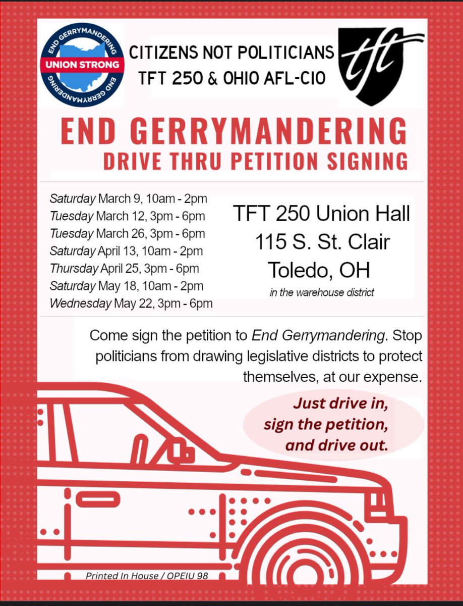 Drive in, Sign, Drive out! Help us put an end to gerrymandering! Please retweet and come see us starting Saturday March 9th 10-2! #fairdistricts #citizensNOTpoliticians @ohioaflcio @VouchersHurtUs @OFTunion @WTOL11Toledo @13abc @toledonews @DowntownToledo @AFTunion