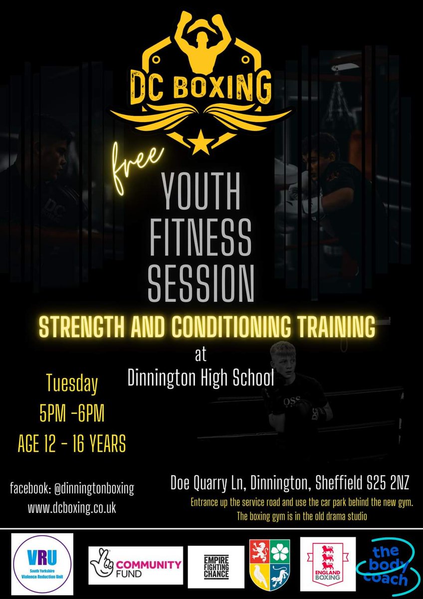 Our new session! For those who just want to get fit or our boxers who want some extra strength & conditioning. This one's for you Starting Tuesday 5pm @KayLiamkay @DinningtonHigh @DHSTransition @dinnoforum @DinnoTownFC @JakeBenRichards @VARotherham @TNLComFund