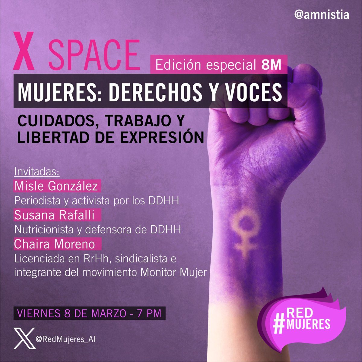 🟣Hoy X space Mujeres: derechos y voces

Conéctate en x.com/i/spaces/1ynKO…

Edición especial #8M con:

- <a href="/misle/">MG💜</a> periodista y activista 
- <a href="/susanaraffalli/">susana raffalli a</a> nutricionista y defensora 
- <a href="/chairamoreno1/">chaira moreno</a> sindicalista e integrante de Monitor Mujer