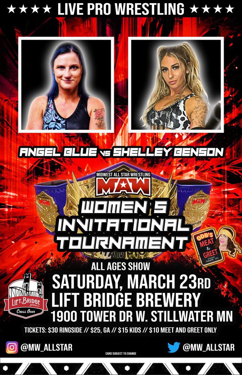 ‼️Update‼️ Unfortunately Lainey Luck is not able to appear on March 23rd Stepping in for her is the debuting “The Mega Star” Angel Blue! MAW Women’s Invitational Tournament Saturday March 23rd Lift Bridge Brewing Company StillWater MN All Ages! Doors 5pm Bell 7pm