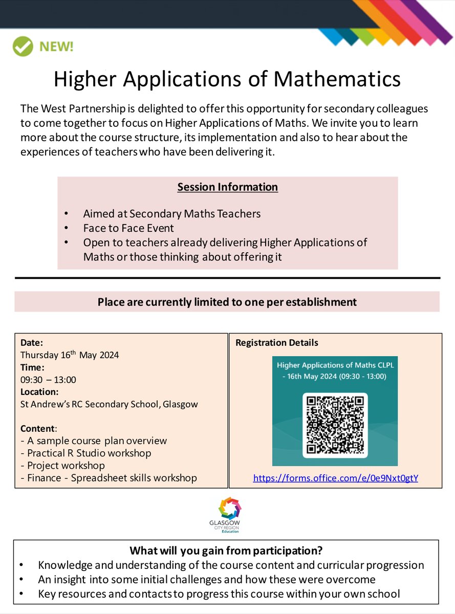 Delighted to host the @wp_education Higher Applications of Maths CLPL session. We look forward to welcoming you in May 🙌🏻 sign up using the link: forms.office.com/Pages/Response… or scan the QR code below @MathsWest