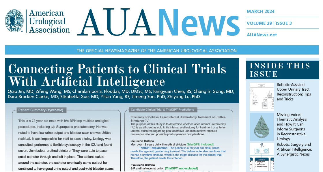 🧪 Large language models are revolutionizing clinical trial recruitment
🙌 Excited that our news article featuring TrialGPT has been selected as the headline of AUANews @AmerUrological 

Check out the news: auanews.net/issues/article…

TrialGPT preprint: arxiv.org/abs/2307.15051
