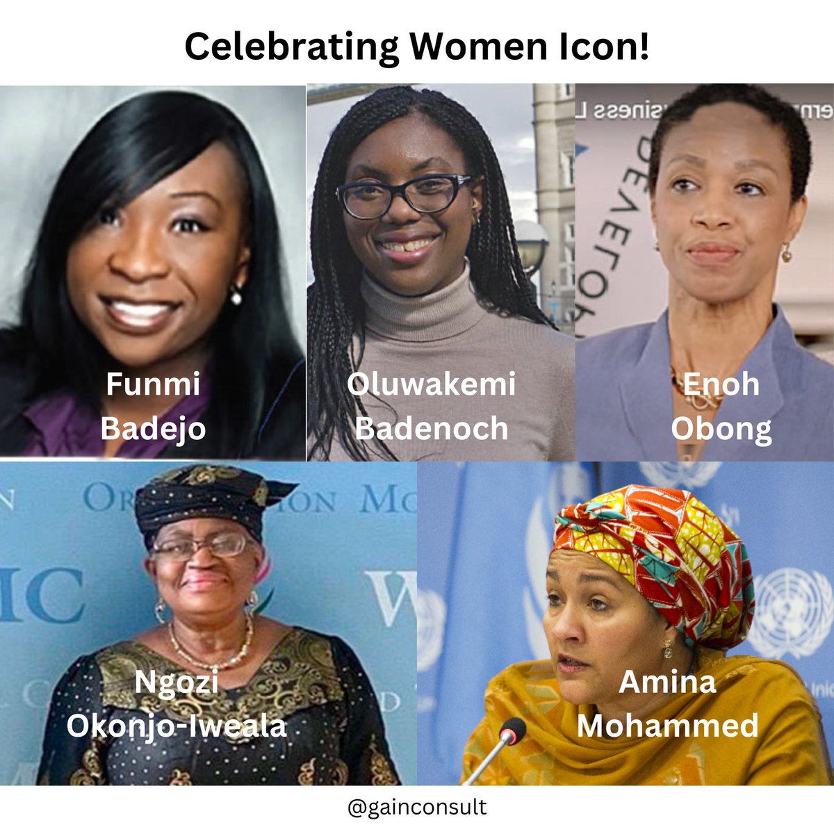 Women are making waves in various fields around the world? 🌎 

In the spirit of celebrating women 👩‍🦳, share one thing you know about any of them.

#internationalwomenday #IWD #celebratingwomen #funmibadejo #oluwakemibadenoch #enohobong #ngoziokonjoiweala #aminamohammed