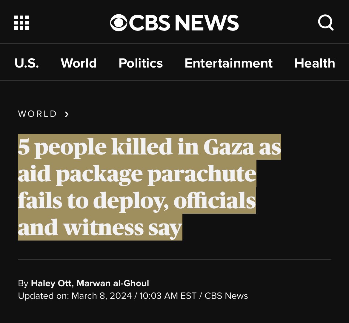 Thought the Gaza airdrop aid was a ridiculous publicity stunt but I at least assumed they could accomplish it without killing anyone. I was wrong