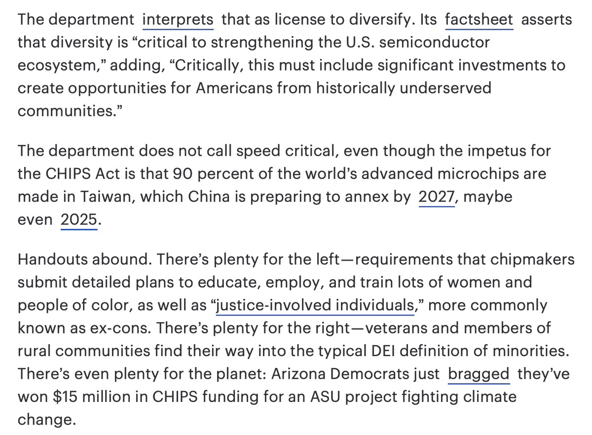 RichardHanania's tweet photo. Biden's CHIPS Act is meant to stimulate the building of semiconductors in the US.

It has 19 DEI sections, creates a chief Diversity Officer at the NSF, and has requirements of jobs for ex-cons, which the bill calls "justice-involved individuals."

US plants are being delayed. https://t.co/ePXzSXTTmF