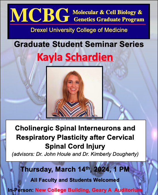 DrexelMCBG (@drexelmcbg) on Twitter photo MCBG Seminar 🧬 🧬 🧬
Thursday, March 14, 1 PM
Kayla Schardien, PhD Candidate <a href="/DrexelMcbg/">DrexelMCBG</a>
Advisor: Dr. John Houle and Dr. Kimberly Dougherty
<a href="/DrexelNeurobio/">Drexel Neurobiology & Anatomy</a> <a href="/DrexelMedicine/">Drexel University College of Medicine</a>
Cholinergic Spinal Interneurons and Respiratory Plasticity after Cervical Spinal Cord Injury MCBG Seminar 🧬 🧬 🧬
Thursday, March 14, 1 PM
Kayla Schardien, PhD Candidate <a href="/DrexelMcbg/">DrexelMCBG</a>
Advisor: Dr. John Houle and Dr. Kimberly Dougherty
<a href="/DrexelNeurobio/">Drexel Neurobiology & Anatomy</a> <a href="/DrexelMedicine/">Drexel University College of Medicine</a>
Cholinergic Spinal Interneurons and Respiratory Plasticity after Cervical Spinal Cord Injury
