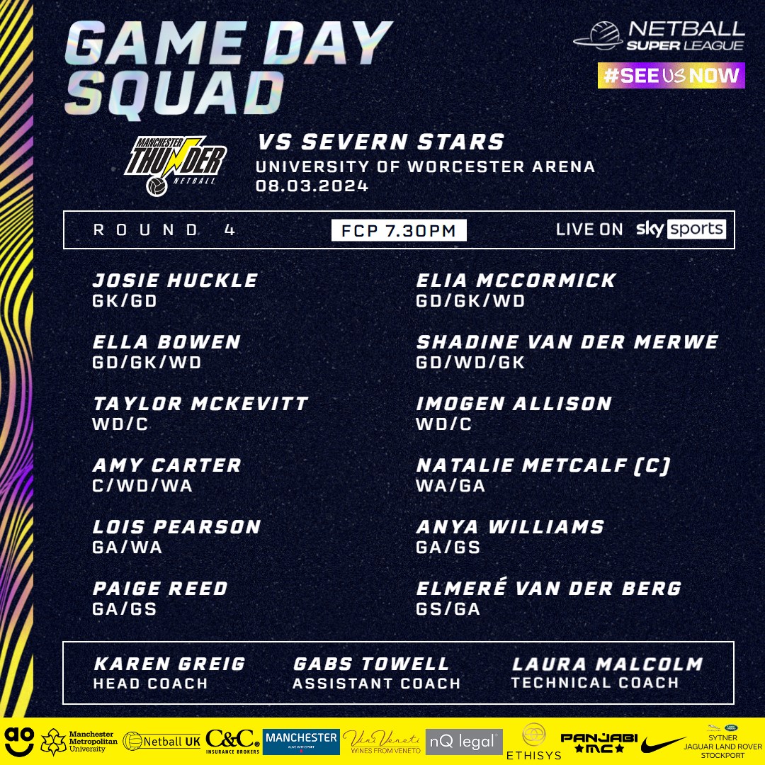 The Thunder game day squad is in... With Kerry Almond still out with short term injury, Elia mcCormick steps back on court🔄 Don't miss a minute of the game by watching over on @skynetball YouTube🎥 #netball2024 #NSL #thunderfamily