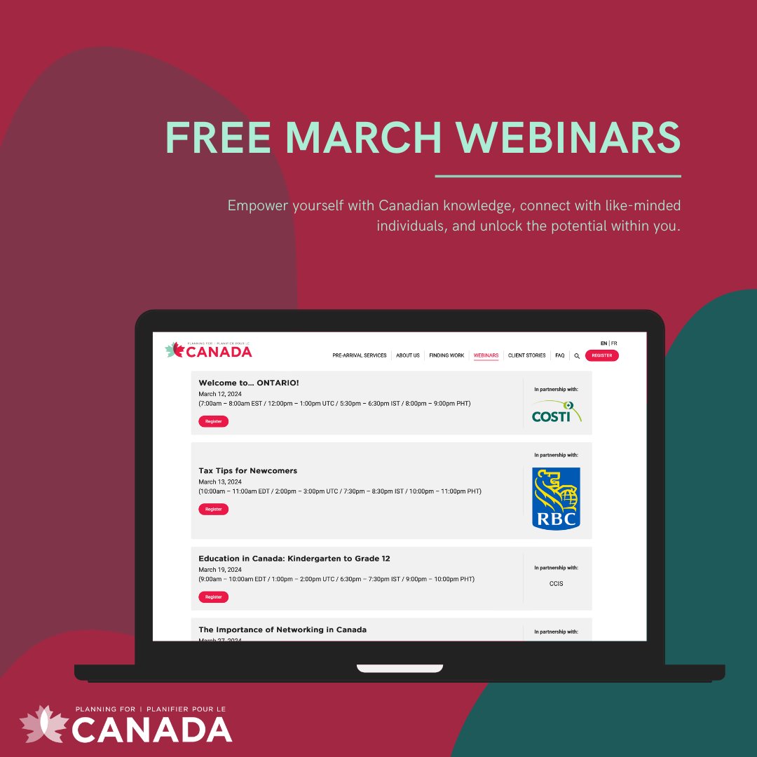 March into success with us!  💻

This March, we've got a treasure trove of FREE webinars waiting for you, in collaboration with our trusted partners! 

Take a look planningforcanada.ca/webinars/