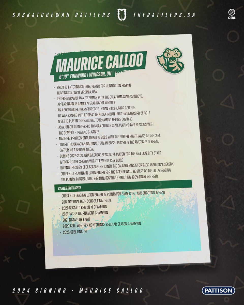BREAKING: Canadian Forward Maurice Calloo signs⁣⁣

Bringing experience from <a href="/OSUMBB/">OSU Cowboy Basketball</a>, <a href="/BeaverMBB/">Oregon State Hoops</a>, <a href="/IHCCAthletics/">IHCC Athletics</a>, Guelph Nighthawks, <a href="/slcstars/">Salt Lake City Stars</a>, <a href="/windycitybulls/">Windy City Bulls</a>, <a href="/CanBball/">Canada Basketball</a>, <a href="/CalgarySurge/">Calgary Surge</a>, AND Gréngewald.

🔗therattlers.ca/calloo-2024⁣⁠⁣⁣⁣⁣⁣⁣⁣

#FearTheFang | #LetsBall
