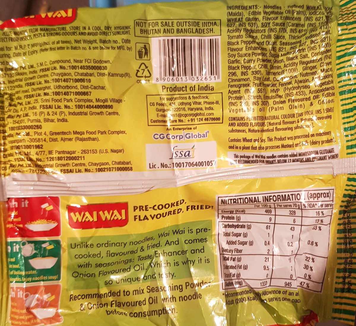 @cgfoods @fssaiindia @PMOIndia Indian companies taking Indian customers for granted. MSG is mentioned as INS621, 627 etc. This noodle is full of salts. Who will safeguard Indian customer @MoHFW_INDIA @MOFPI_GOI @sanjeevsanyal