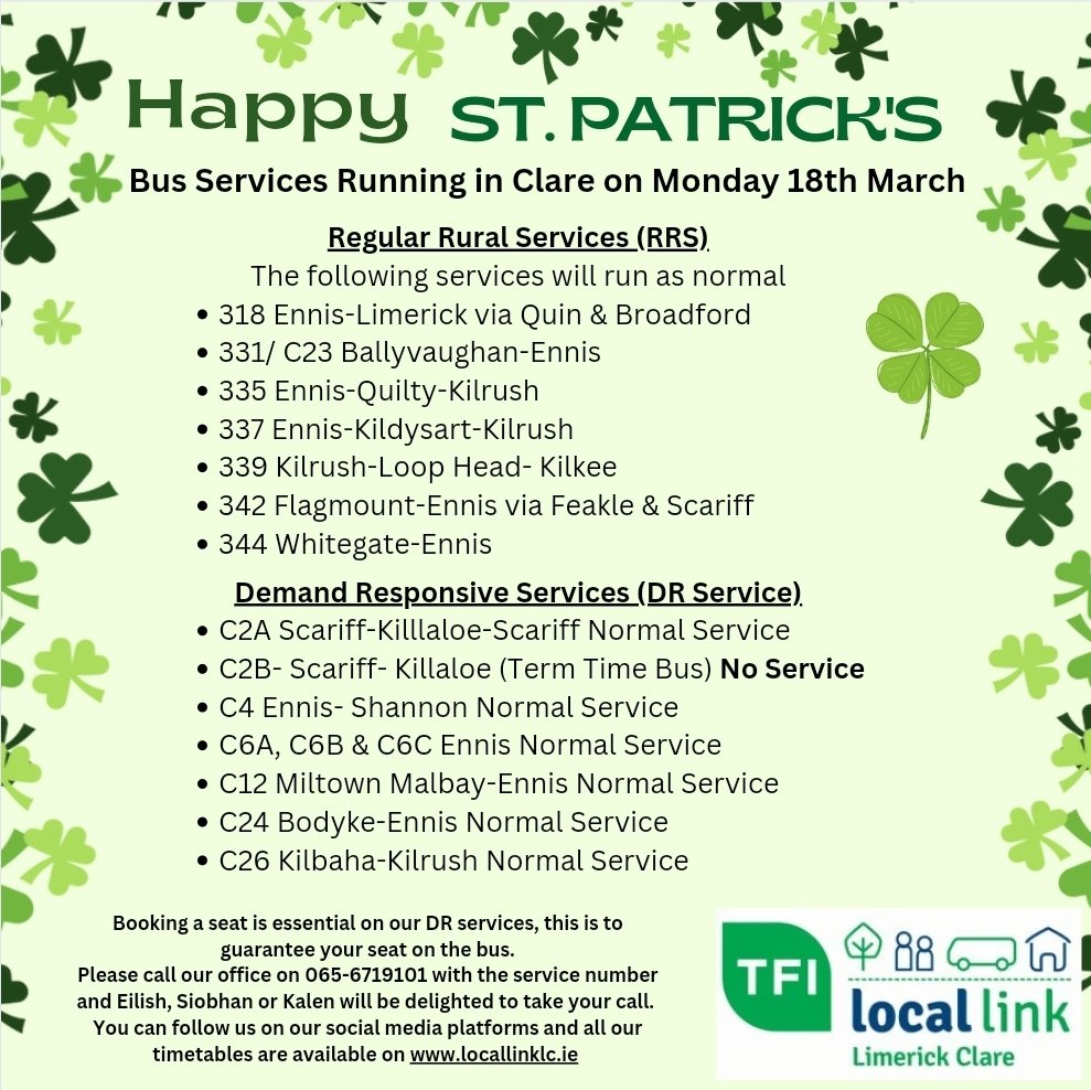 ☘️ 🍀 St. Patrick’s Wkend ☘️ 🍀 Changes to services for St. Patrick’s Bank Holiday 2024