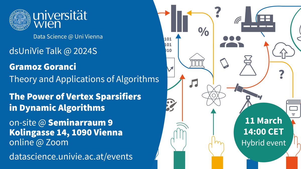 At our next #DataScience talk, Gramoz Goranci – Professor for #Algorithms from @csunivie – will talk about Vertex Sparsifiers in Dynamic Algorithms, a game-changer in compressing large graphs while preserving key features 🗓️ Mon 11 March, 14:00 CET #DSHQ datascience.univie.ac.at/events/talks-d…