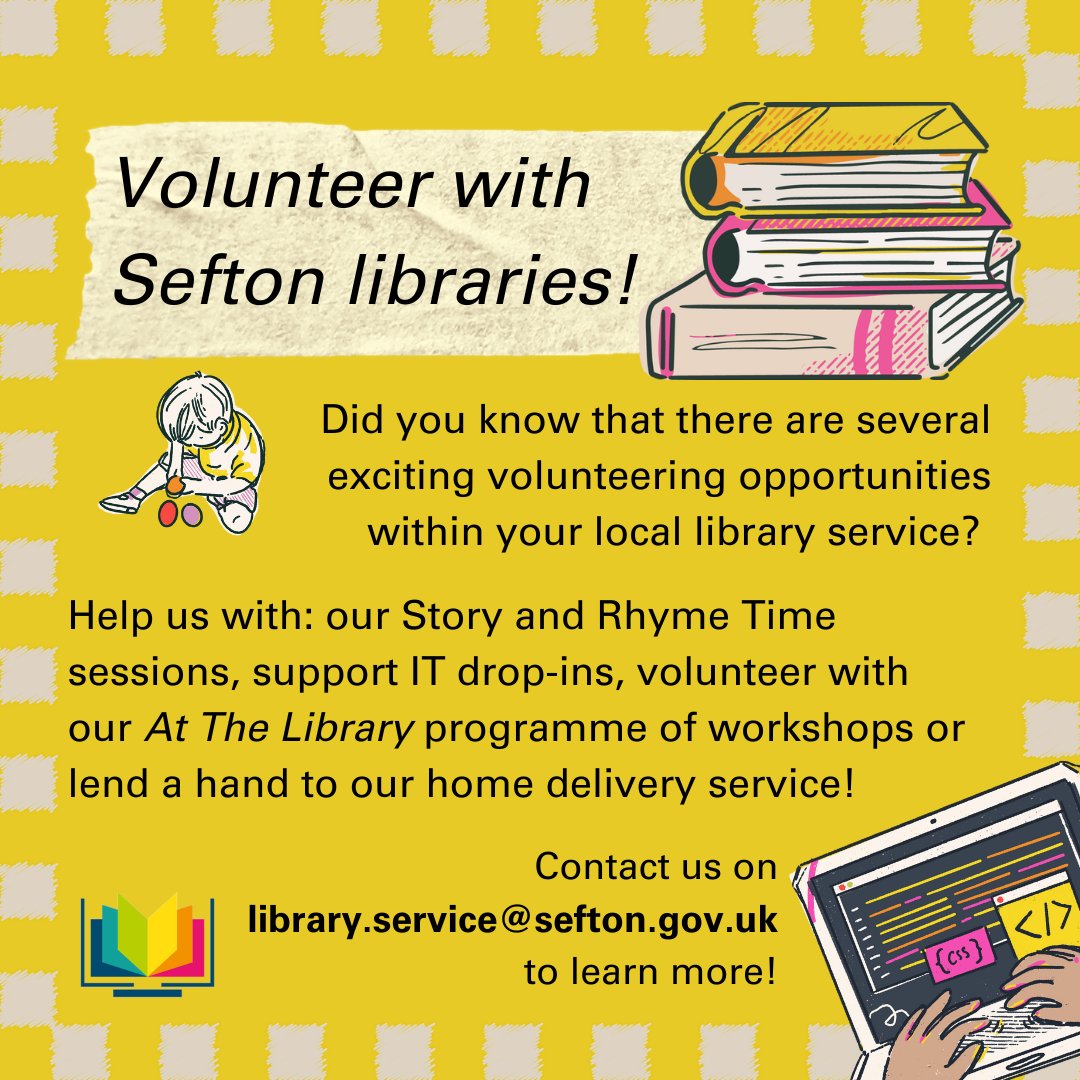 📚 Volunteer with your local library! 📚 Did you know that there are several exciting volunteering opportunities within your local library service? DM us or email library.service@sefton.gov.uk to learn more!