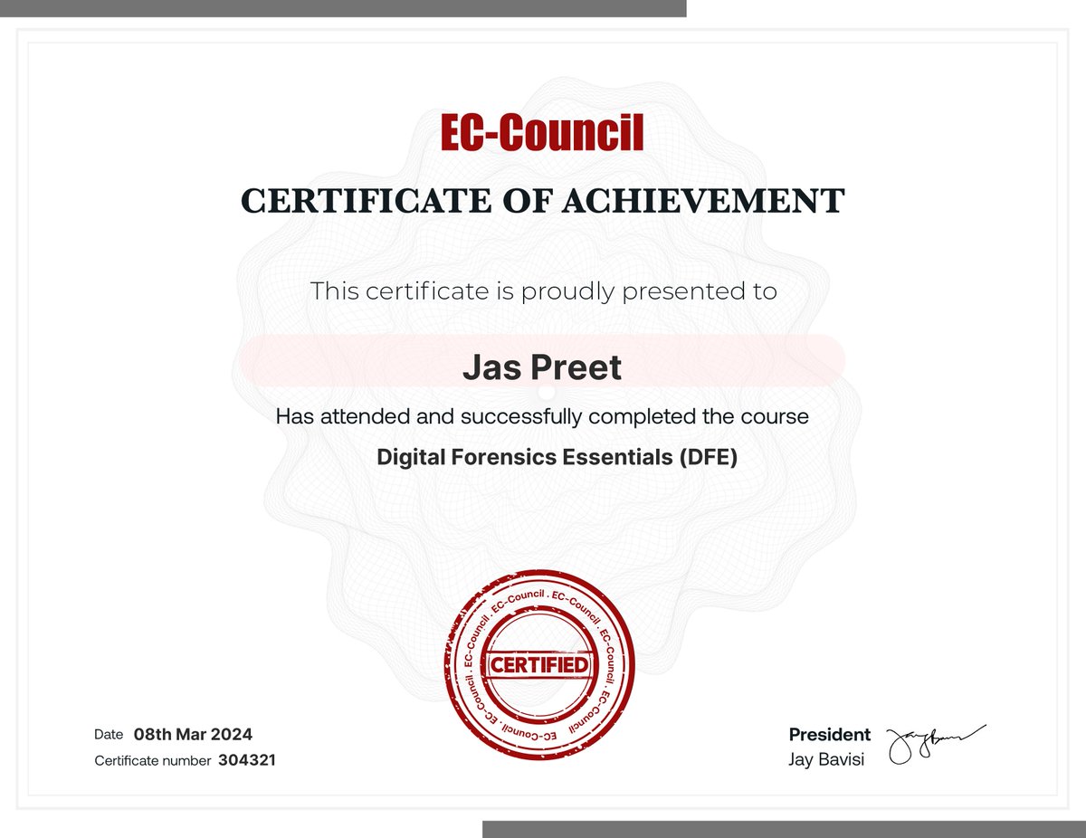 jaspreetinfosec's tweet image. Thrilled to share that I&apos;ve successfully completed my Digital Forensics Essentials (DFE) from EC-Council Learning and received my Certificate of Achievement! Grateful for this learning journey and excited for what&apos;s next. codered.eccouncil.org/certificate/16…