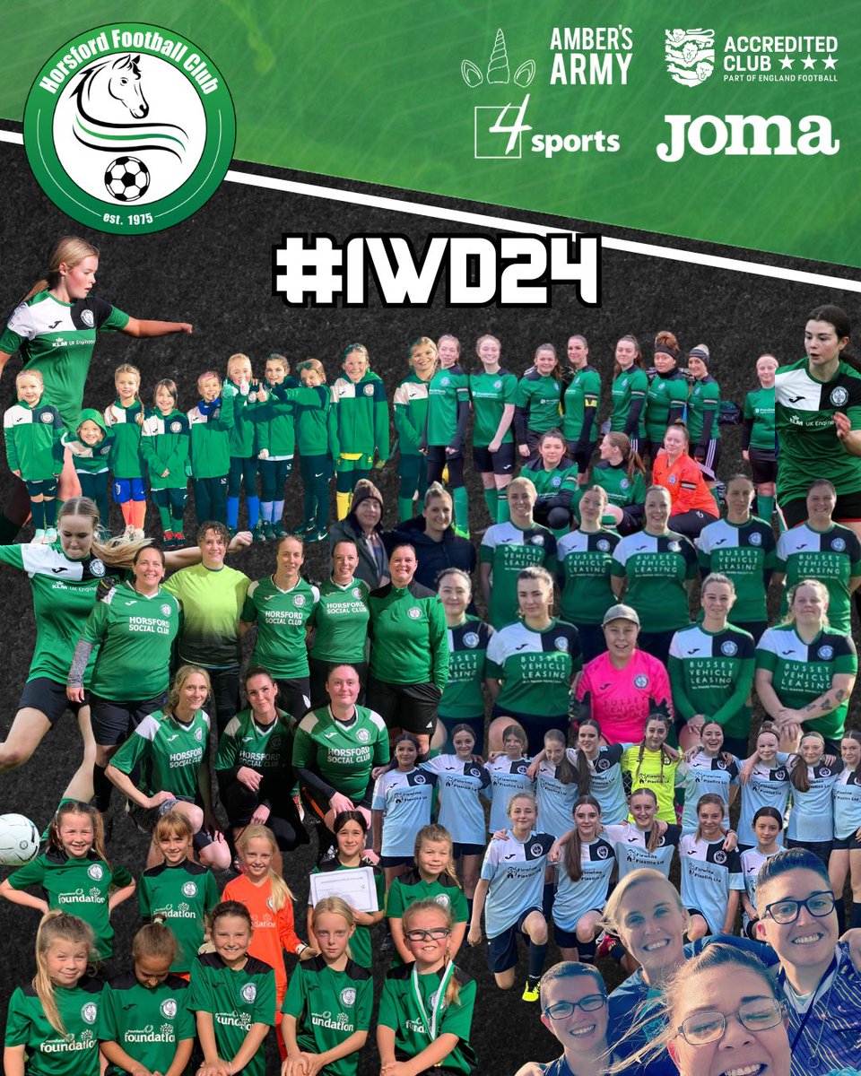 Celebrating International Women’s Day 2024. Thank you to all the women and girls that are a part of the Horsford FC family. Here’s just a selection of our players and coaches in action 💚 #iwd2024 #inspireinclusion