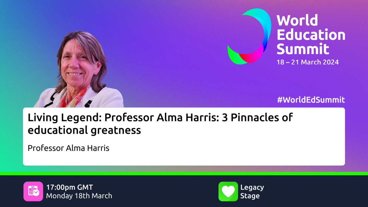 You can find Professor @almaharris1 on the Legacy Stage at the #WorldEdSummit 2024, her session 'Living Legend: 3 Pinnacles of educational greatness' brings insightful directions and practical knowledge.  bit.ly/4a3IJ0b #iwd2024 #womenleadingtheway