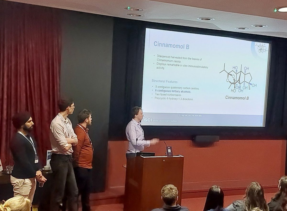 @UofGChem @UofGlasgow Team 'The Odds Are Stacked In Our Favorskii' from @pharmaron bring in a cyclopentanol with (no surprise) a Favorskii rerrangement, then with a carbonylative cross-coupling cascade and in 21 LLS they form cinnamomol B #UKRetroComp