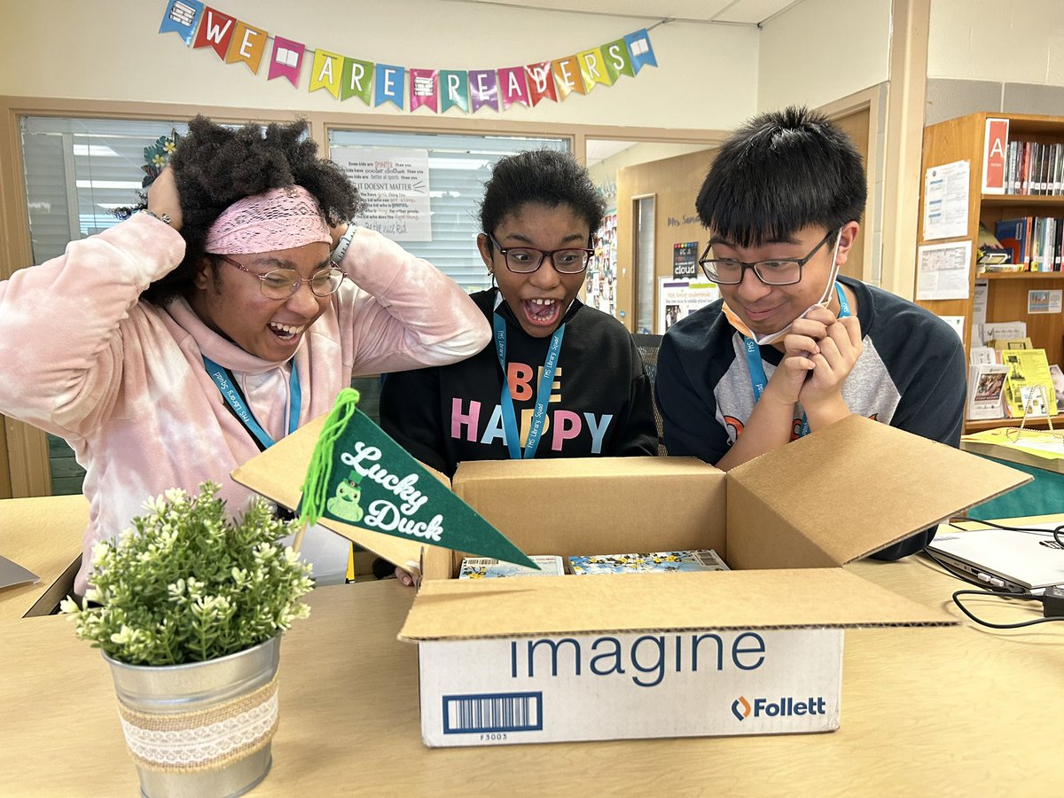 These lucky ducks opened the first box of new books that arrived from @FollettLearning ! @BCPSLMP #fmsreaders @FMS_BCPS