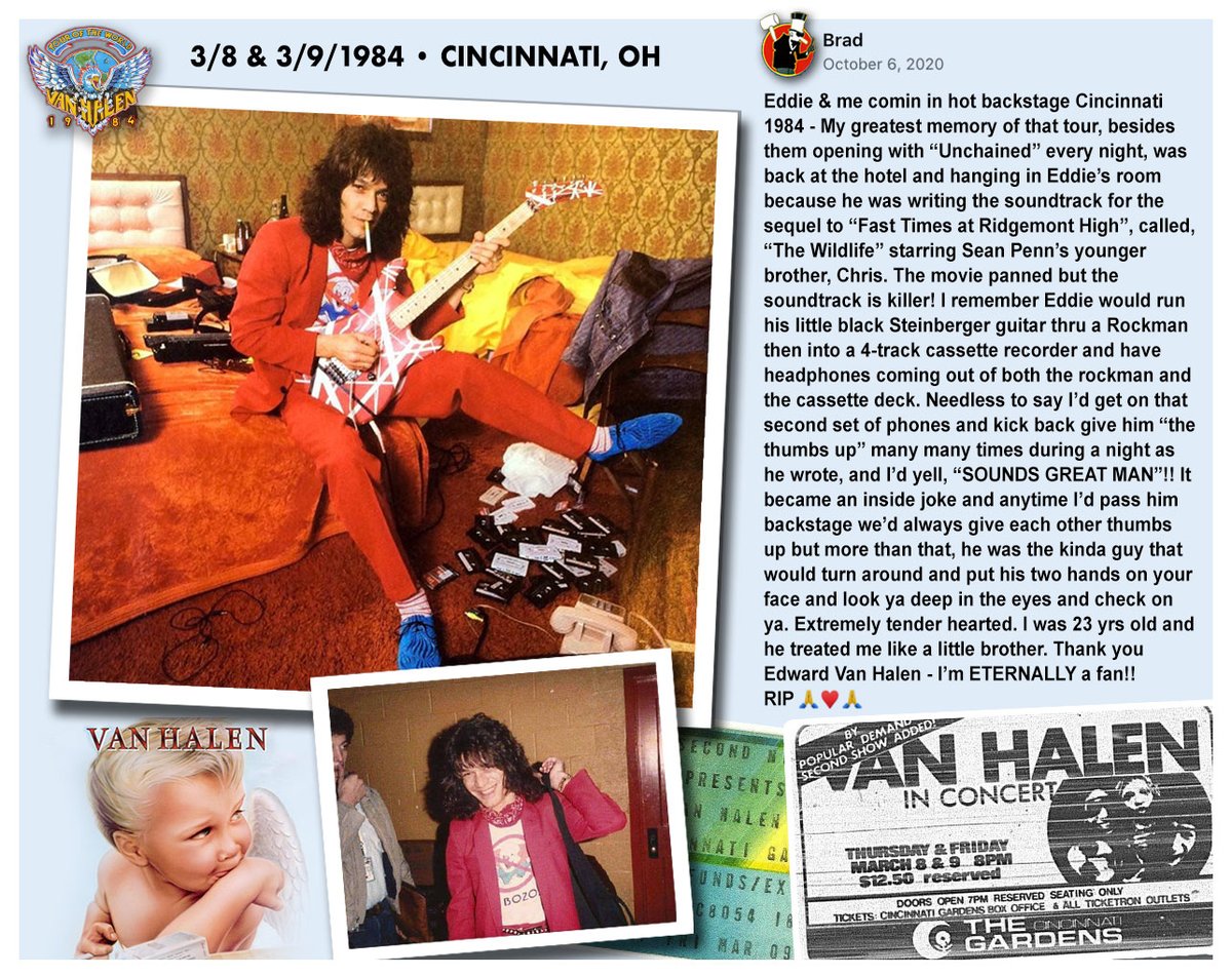 3/8 and 3/9/1984 – <a href="/VanHalen/">Van Halen</a> played 2 shows in Cincinnati. Cool story from a roadie about hanging w Ed at the hotel while he was writing music for The Wild Life soundtrack during the 1984 tour ❤️ Main photo from a Rolling Stone article taken in Cincy hotel room :)