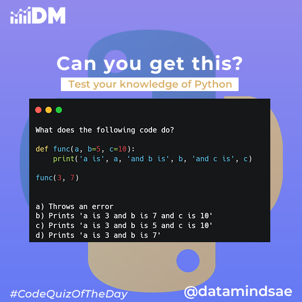 Thrive_Links's tweet image. Let&apos;s test your knowledge of Python.
#CodeQuizOfTheDay 

#python #programming #developer #morioh #programmer #webdev #webdeveloper #webdevelopment #pythonprogramming #pythonquiz #ai #ml #machinelearning #datascience #CONNECT #100DaysOfCode