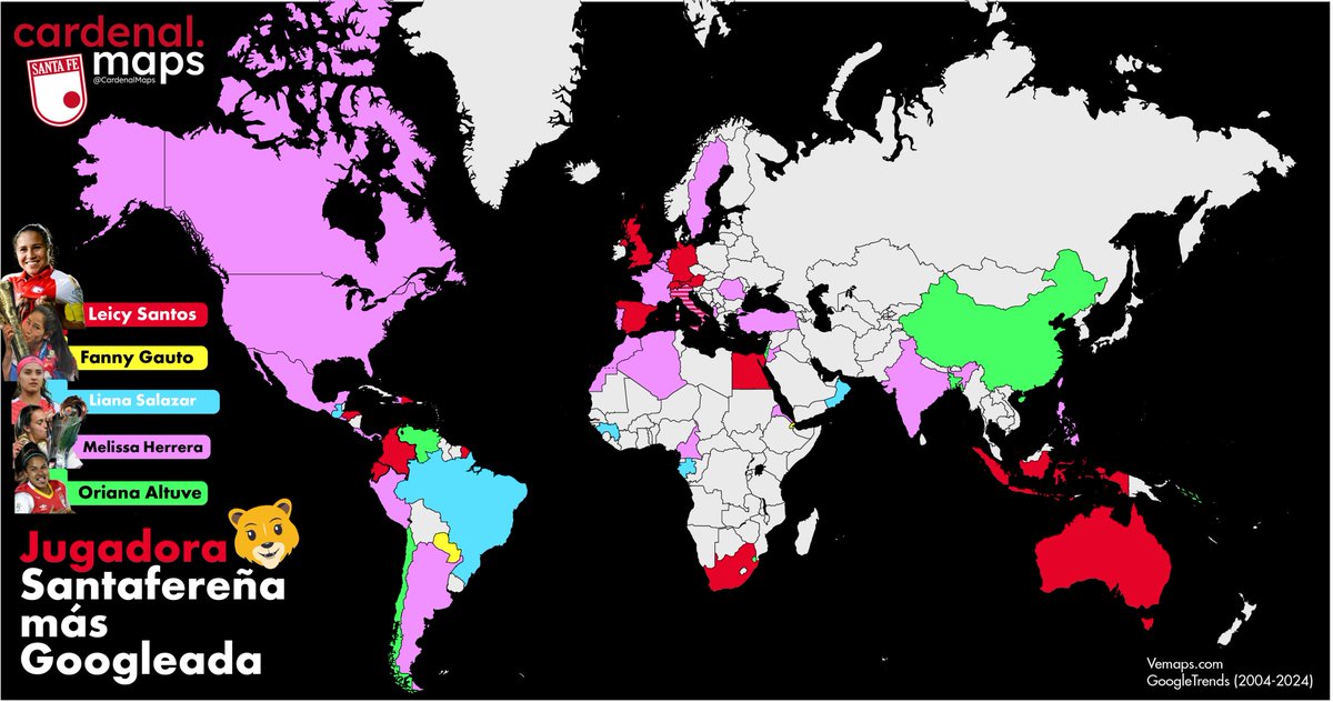 🌎♀️Jugadora Santafereña más Googleada 🇲🇨🌏

❤️🇨🇴@leicysantos10 
💛🇵🇾 @fany_gauto
💙🇨🇴 @LianaSalazar11
💜🇨🇷 @meli7herrera
💚🇻🇪 @ori_altuve 

#8M #8M2024  #Diadelamujertrabajadora #DiaDeLaMujer #Leonas