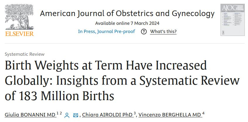 In press! 🌎👶Our systematic review of over 183 Million Births revealed a significant increase in #BirthWeights at term #Globally. Insights into this trend contribute to the debate on planned CD on maternal request vs. Vaginal Delivery. sciencedirect.com/science/articl…