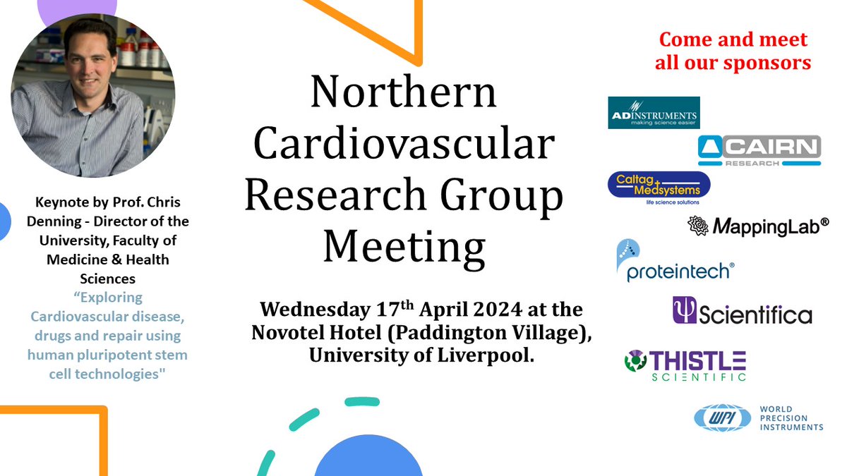 Join us in Liverpool for the Northern Cardiovascular Research Meeting. @Cairn_Research, @ADInstruments, @CaltagMedsystem, @MappingLab_EP, @Proteintech, @Scientifica_Int, @ThistleScientif, @wpieurope, @RainbowLabUoL, @DrRiazA, @jill_madine Register here cairn-research.co.uk/news/northern-…