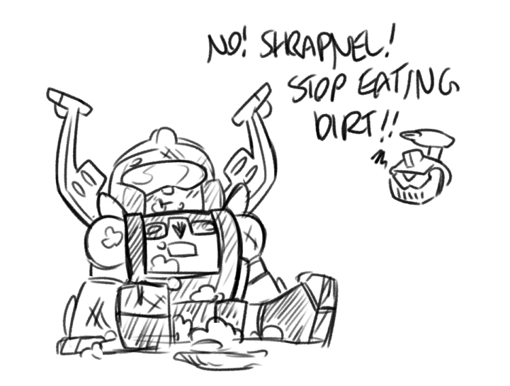 JustALiddlePep's tweet photo. When there's no energon cubes around...

also realizing mid doodle shrapnel has dungarees n its the cutest thing 🥹

(insecticons in chat)

#maccadam #insecticons #shrapnel #bombshell https://t.co/u8jTD18xp9