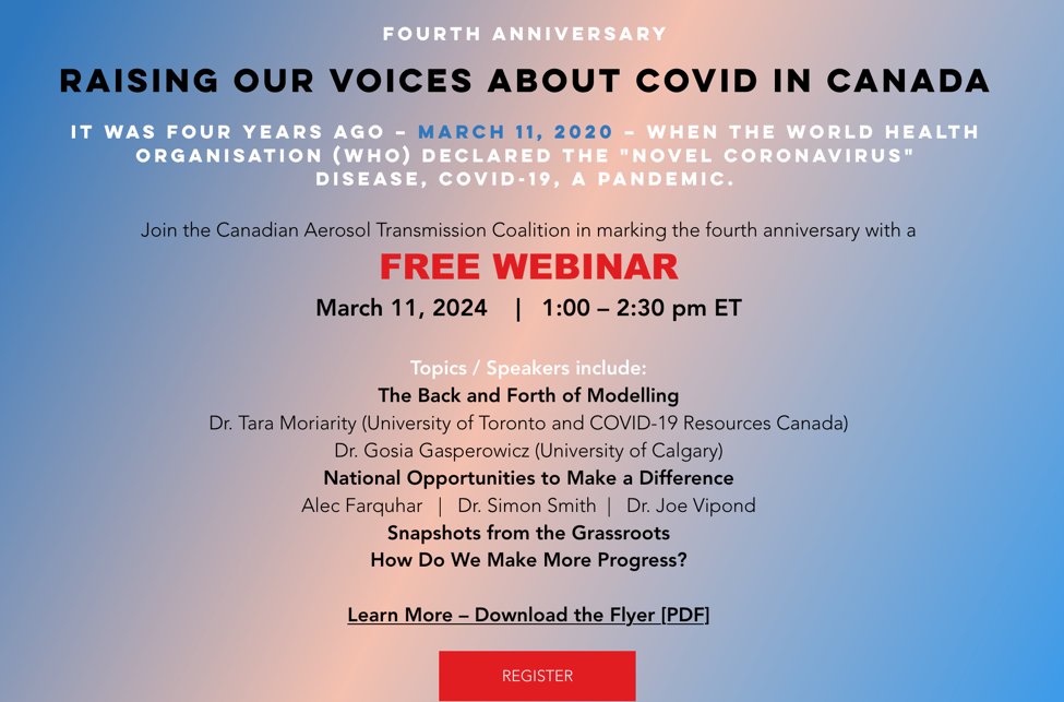 It's not over. We all need to continue: 
Raising Our Voices About Covid in Canada.
Join in on Monday March 11, 2024 at 10 am-11:30 PT
Register here: aerosoltransmissioncoalition.ca
<a href="/Protect_BC/">Protect Our Province BC</a> will be there.
Can't make it, don't fret, it will be recorded.
<a href="/CAAerosolCltn/">Can. Aerosol Transmission Coalition</a> <a href="/OHCOWclinics/">OHCOW</a>