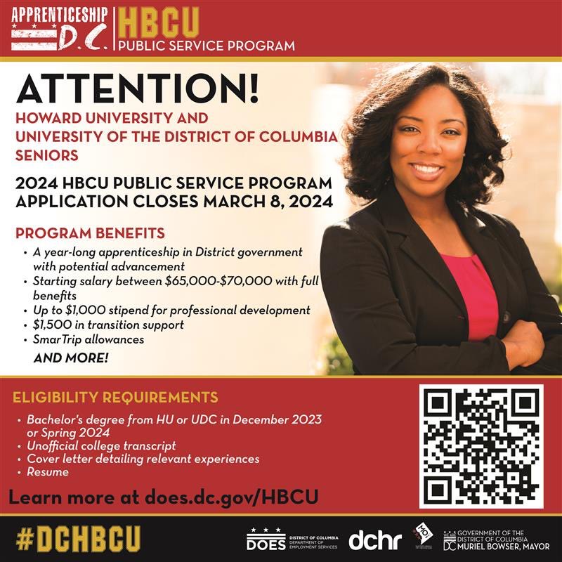 Howard University and University of the District of Columbia Seniors! Today is the LAST DAY to apply for the HBCU Public Service Program.   Check out the HBCU Public Service Program benefits and apply at does.dc.gov/HBCU.   #DCInnovation #DCHBCU