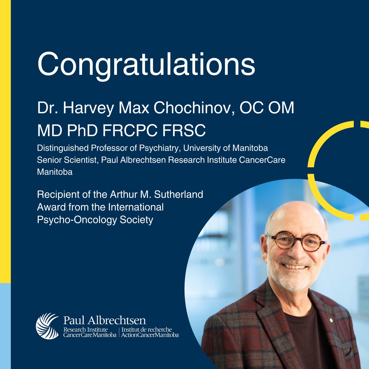 Congratulations to Dr. @HMChochinov recipient of the Arthur M. Sutherland Award from the International Psycho-Oncology Society. Well deserved! Read more ipos-society.org/awards/winners