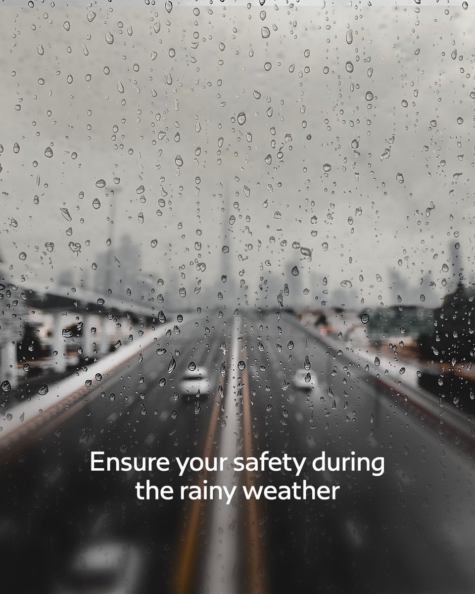 Maintain your safety while driving in rainy conditions, stay alert and don't allow anything inside your vehicle to divert your attention, such as mobile phones and other distractions.
For more safety tips, visit: rta.ae 
#YourSafetyOurPriority