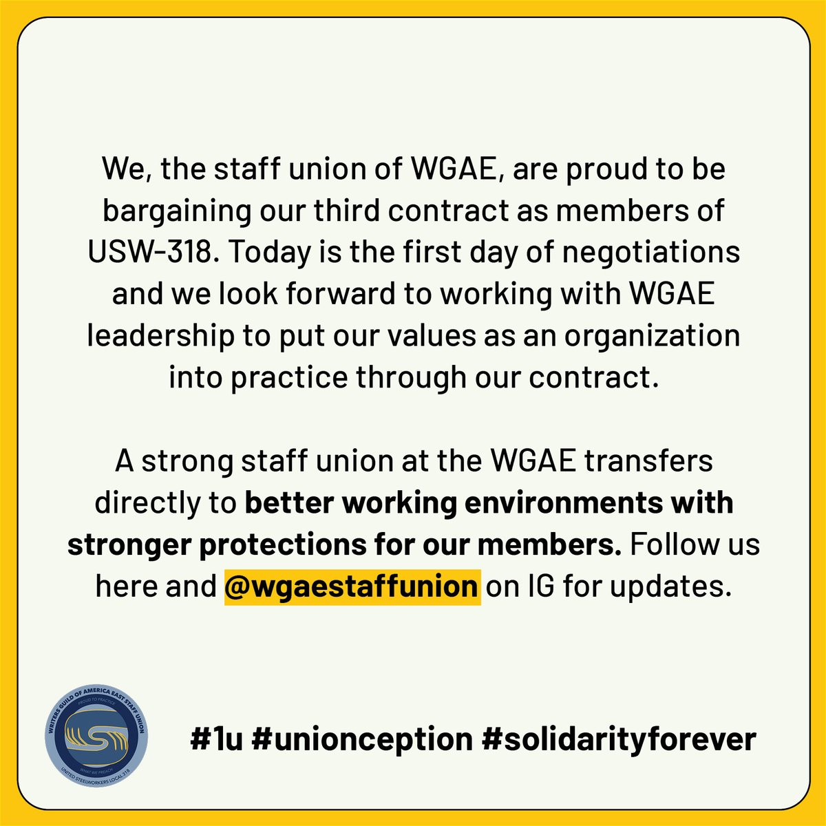 We, the staff union of WGAE, are proud to begin bargaining our third contract as members of USW-318 today! 
#1u #unionception #solidarityforever 💪
