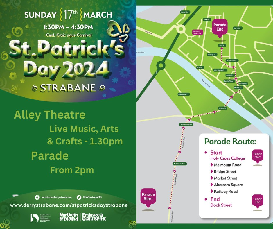 St Patrick's Day Strabane☘️ Join us tomorrow for a programme of entertainment at the Alley Theatre 🎻Music, drama, arts & crafts from 1.30pm 🌈Annual parade from 2pm 👉bit.ly/49eK5Wb #VisitDerry #Strabane #StPatricksDay #Spring #DiscoverNI #EmbraceAGiantSpirit